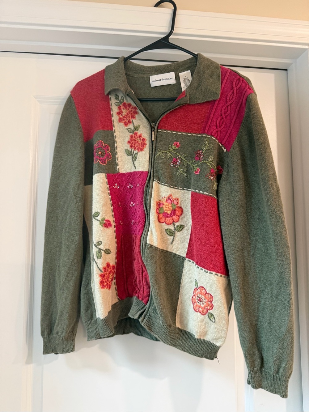 Alfred Dunner Olive, Pink and Cream Floral Patchwork Zip Cardigan